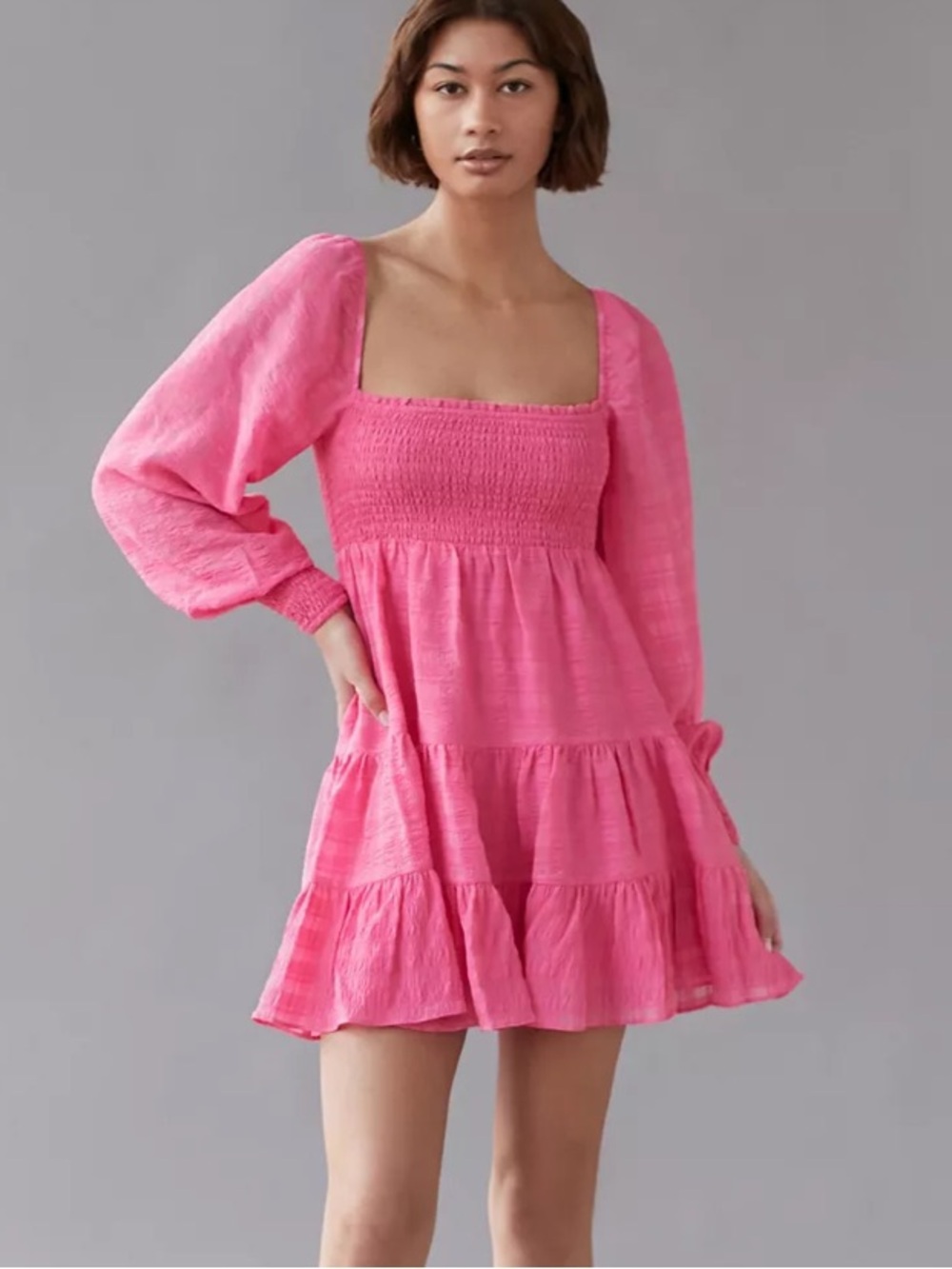 UO River Smock Long Sleeve Mini Dress Pink Square-Neck Dress